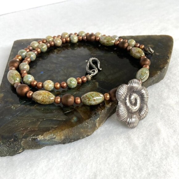 Sterling Silver 925 Floral Flower Bronze Green Glass Beaded Necklace 19.5" - Picture 13 of 16